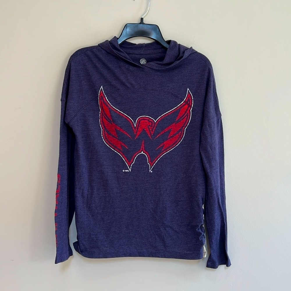 NHL Licensed Women's Washington Capitals Long Sleeve Hoodie T-Shirt, Navy/Red, S